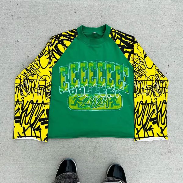 Clothing Manufacturer Streetwear Custom Color Blocked 100% Cotton Crop All Over Silk Screen Print Boxy Tee Long Sleeve T Shirt