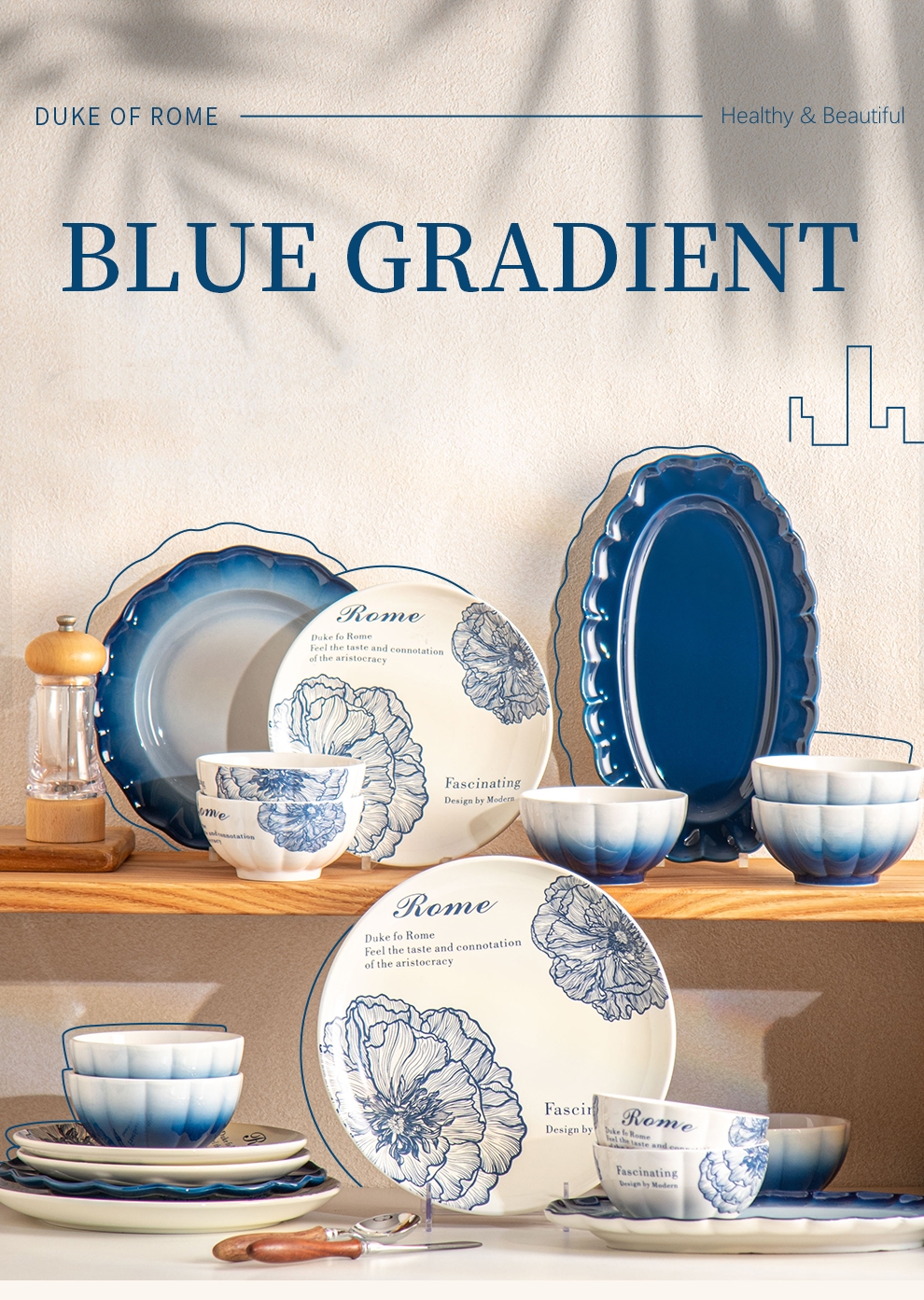 Дизайн керамическая голубая тарелка фарфоровый обеденный набор тарелки и миски Градиент для подарков