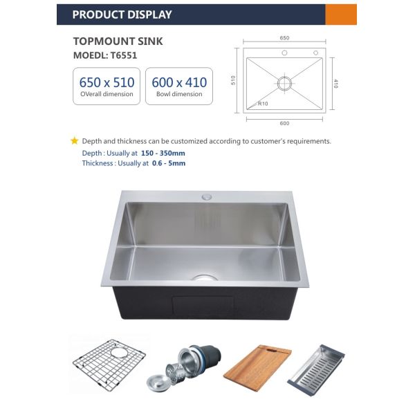 32x18 Topmount Stainless Steel Kitchen Sink Brushed 90mm Drain Opening