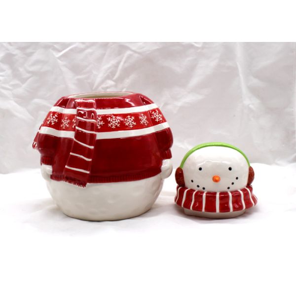 Home Ceramic Cookie Jar / Christmas Snowman Cookie Jar With Headphone Dolomite Material