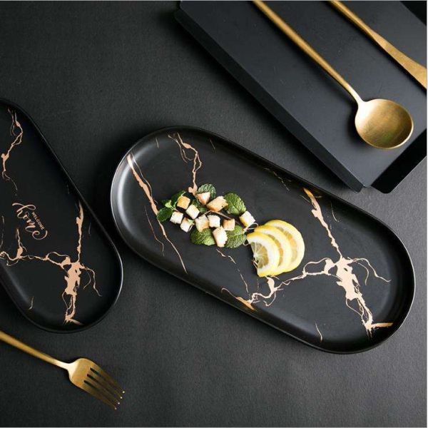 Black Marble Lead Free Ceramic Serving Tray Round Oval Non Toxic