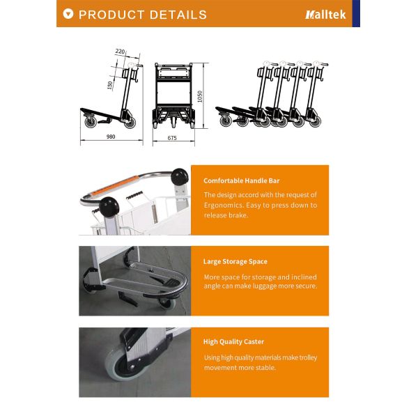 Aluminum Alloy Airport Trolley For Airport With Three Wheels