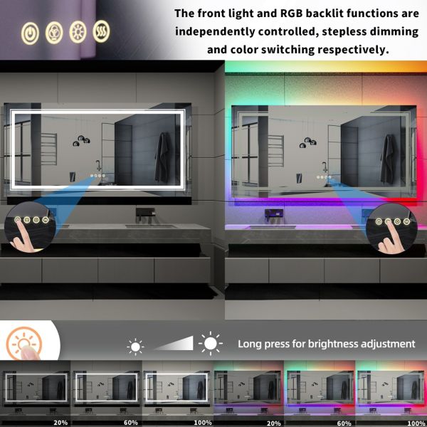 Modern Luxury Frameless LED Backlit Bathroom Anti-Fog Rectangular Touch Screen RGB Color Changing Feature IP44 Rated for Hotels