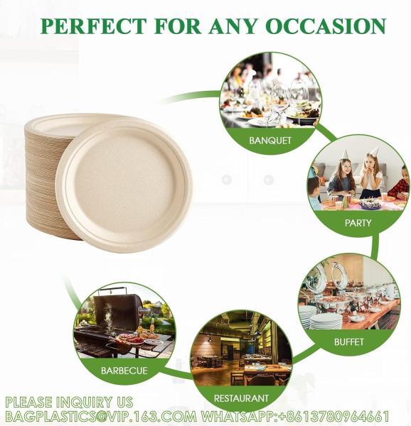 10 inch Compostable Plates Heavy-Duty Disposable Paper Plates Bagasse Natural Biodegradable Eco-Friendly Sugarcane