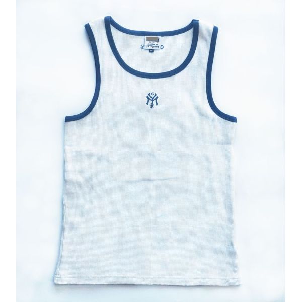 Mens tanktop featuring 100 percent cotton waffle fabric body solid color with contrast color rib piping around neck and armhole