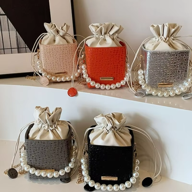 Summer Fashion Candy Color Bucket Bag With Pearl Chain Shoulder Sling Bag for Women