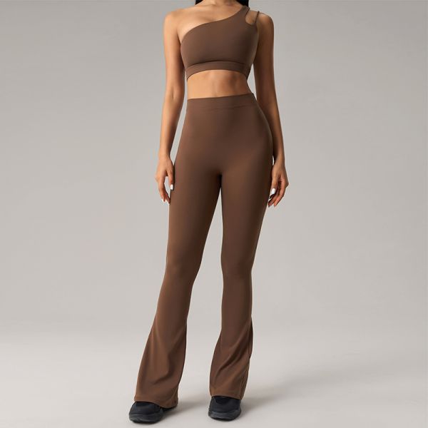 Cream Women's Asymmetric One Shoulder Sports Bra Flared Leggings Set High Waisted