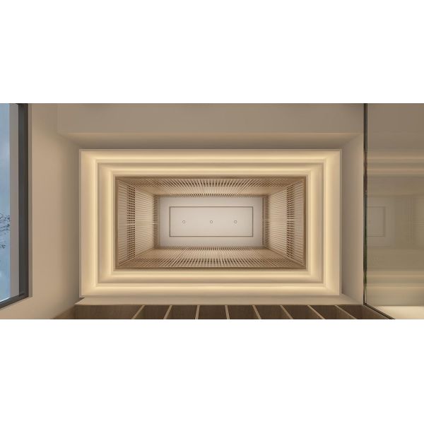 MODERN ZEN-INSPIRED SPACE BLENDS SOFT AMBIENT LIGHTING, NATURAL WOOD TEXTURES, AND FLOWING STONE PATHWAYS. THE CIRCULAR WINDOW AND NEUTRAL TONES CREATE A SERENE ATMOSPHERE