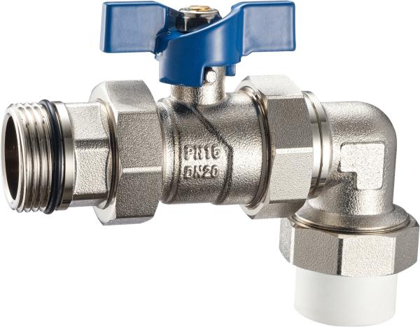 3606 3608 Nickel Plated Angle Coupling Brass Ball Valve with Blue Aluminum Butterfly Handle for Plastic pipe connections