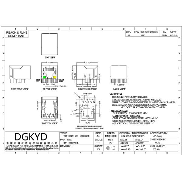 Right Angle Dip Modular Jack 8P8C Rj45 With Transformer Surface Mount