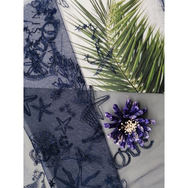 Navy Sea Animals Embroidered Mesh Lace Fabric Wedding Gown Lace Fabric