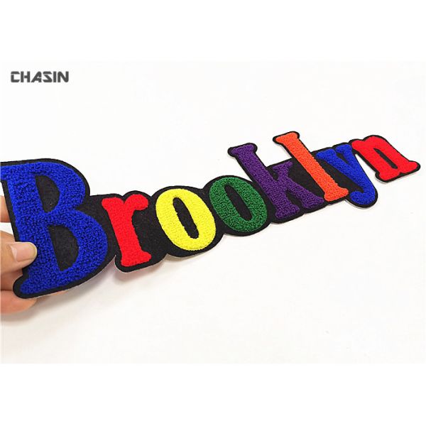 Custom Colorful Letters Chenille Embroidery Patches Black Felt Background