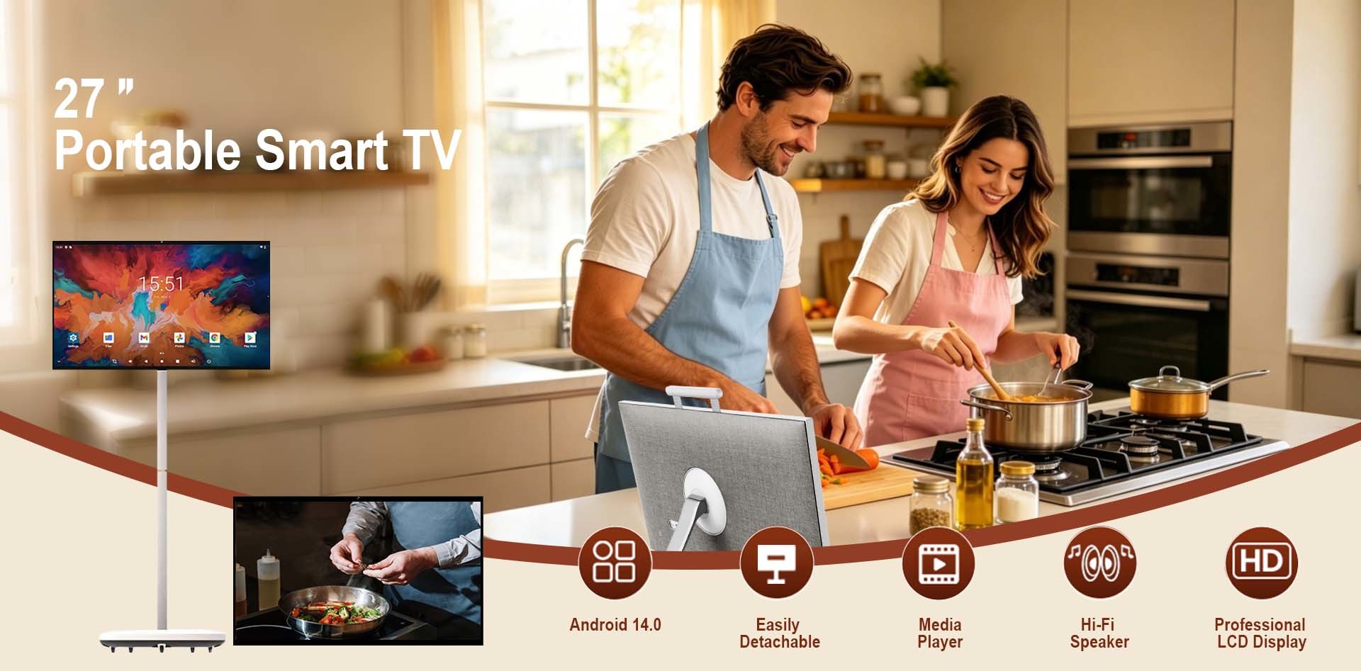 Portable Smart TV 27 Inch Detachable Stand 6nm 8 Core 8GB RAM 128GB ROM 4K Display Wireless Casting Whiteboard Outdoor Camping