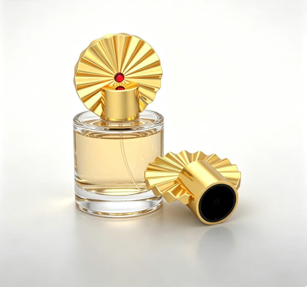 Luxury Fan Shaped Zamac Perfume Cap with Inlaid Red Crystal Gold Plated Fragrance Bottle Lid