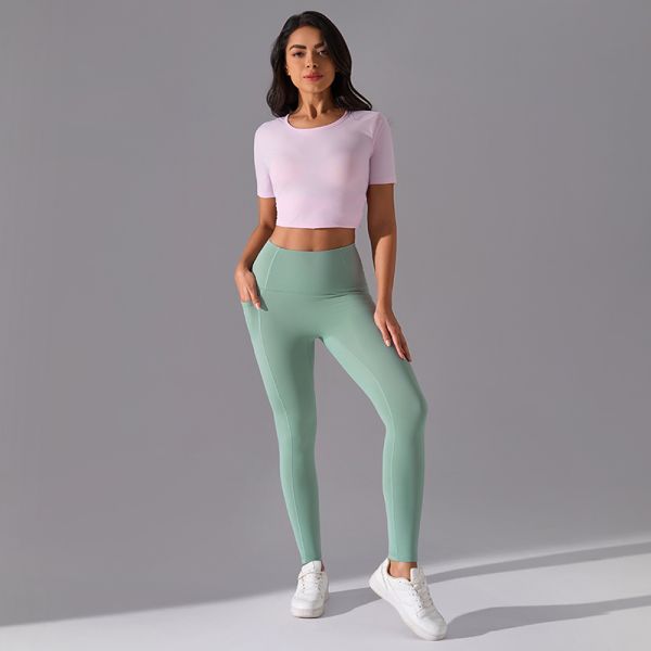 4 Way Stretch Yoga Leggings With Pockets High Waisted Light Blue Moisture Wicking