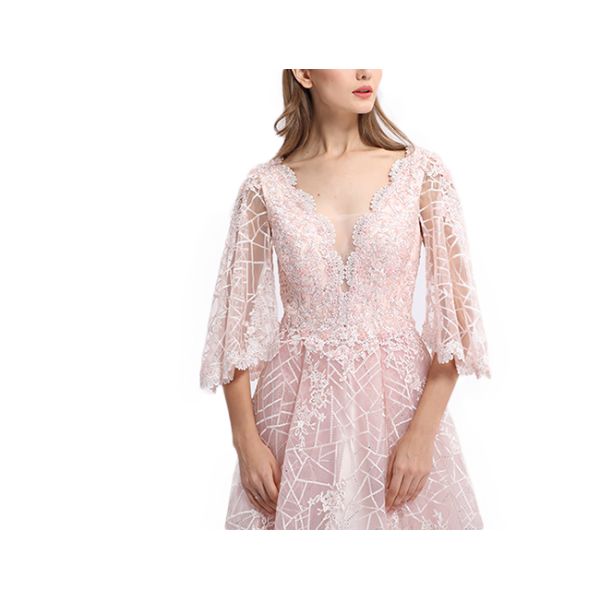 V Neck Pink Half Sleeve Prom Dress , Organza Evening Dresses With Sleeves