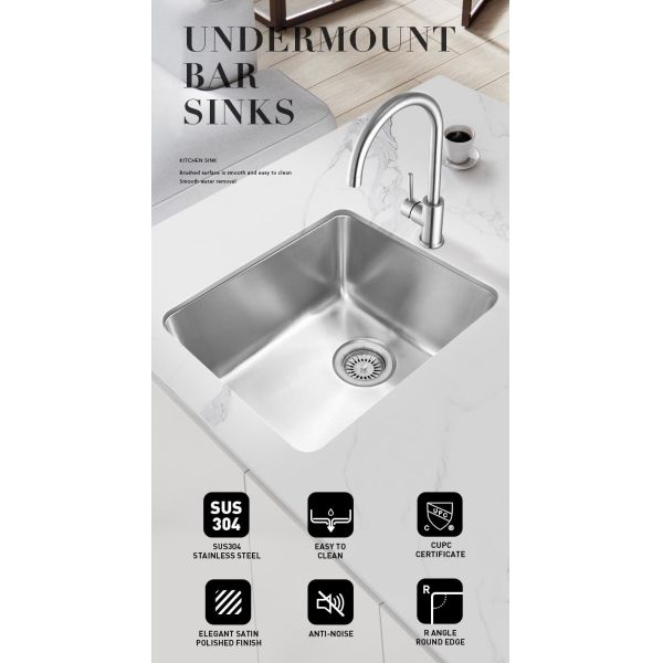 Undermount Brushed Stainless Steel Kitchen Sink Sound Dampening 14.8 X 17.2 Inch