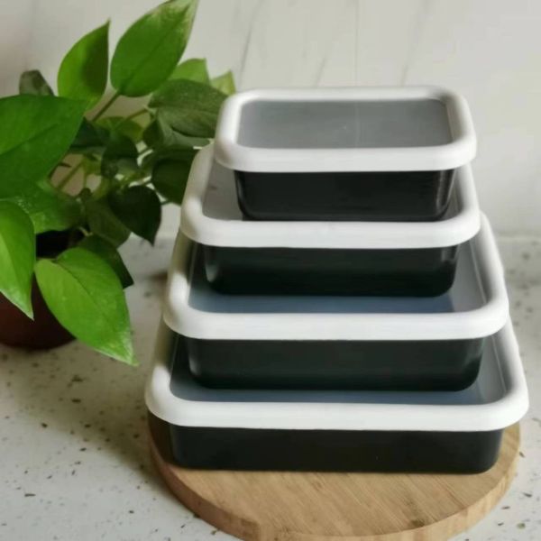 Rectangular Enamel Food Storage Containers Outdoor Picnic Lunch Box With Lid Easy Clean