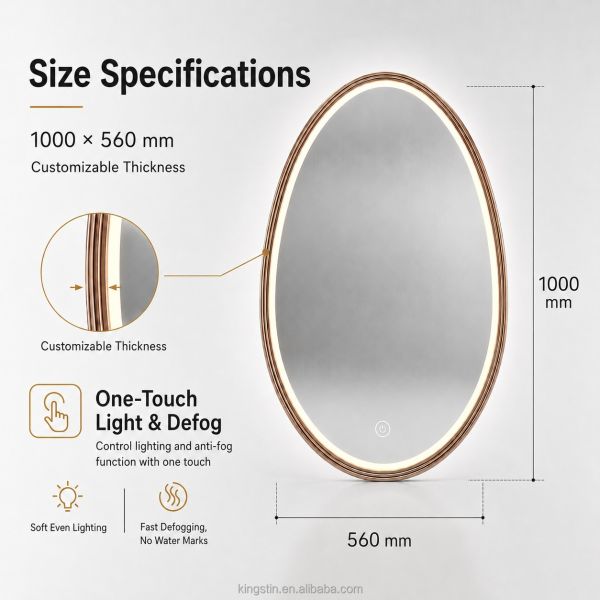 Kingstin LED Smart Bathroom Mirror Water Drop Oval Makeup Mirror Aluminum Frame Touch Anti-Fog Wall Mirror
