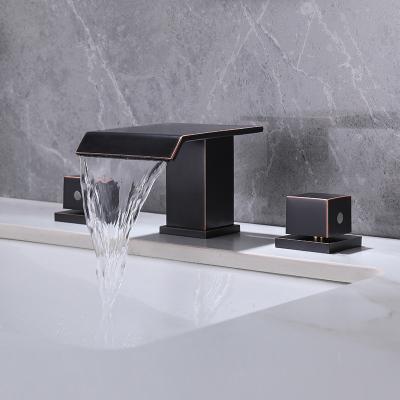 Hotel Household Three Hole Widespread Matte Black Bathroom Faucet All Copper Split