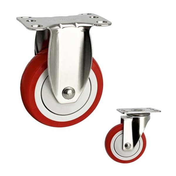 125mm Red PU Wheel Stainless Steel Casters Fixed Plate Type