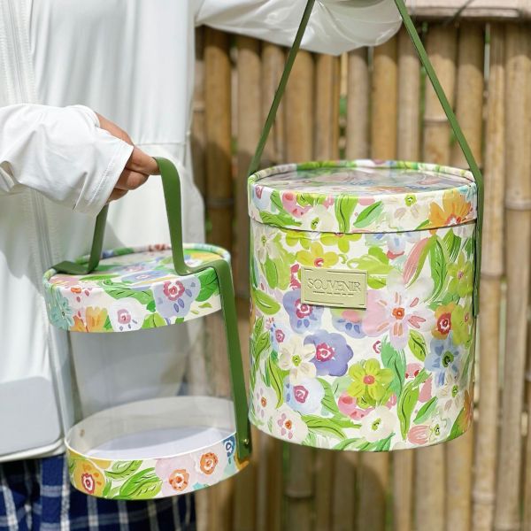 Floral Cylinder Gift Box Set Elegant Wedding Favor Buckets Green Handle Party Favors