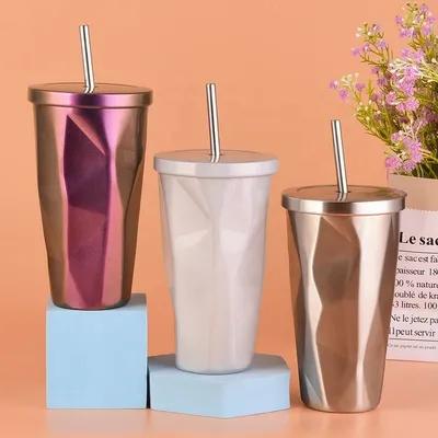 Design à la mode 480ml Mug personnalisé en acier inoxydable avec paille Style champêtre Dégradé Irrégulier Tasse à thé en acier inoxydable pour voyager