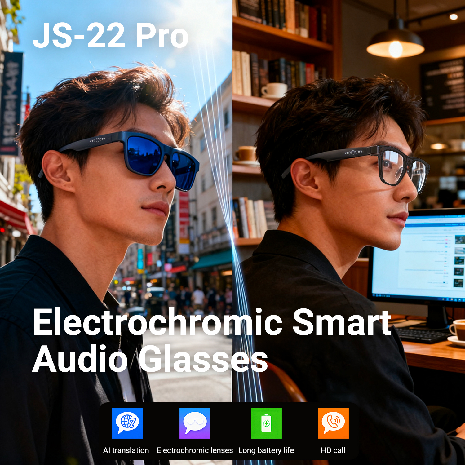 HGMIA 2026 JS-22 PRO Electrochromic Smart Audio Glasses AI Translation Voice Assistant UV Protection Magnetic Charging