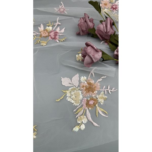 Tejido floral 3D Sequin Elegante y Respirante Tejido de malla de encaje Tejido de ocasión de lujo Tejido de noche