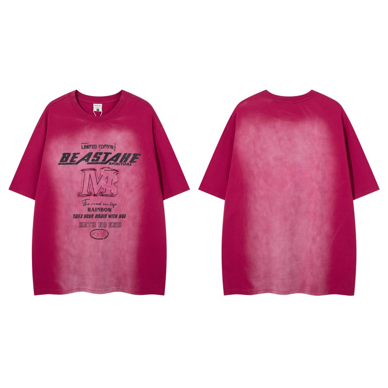 Retro Gradient Red Knitted 100% Cotton Breathable T-shirt for Men with Letter Pattern Short Sleeve Oversized Fit Washed and Worn