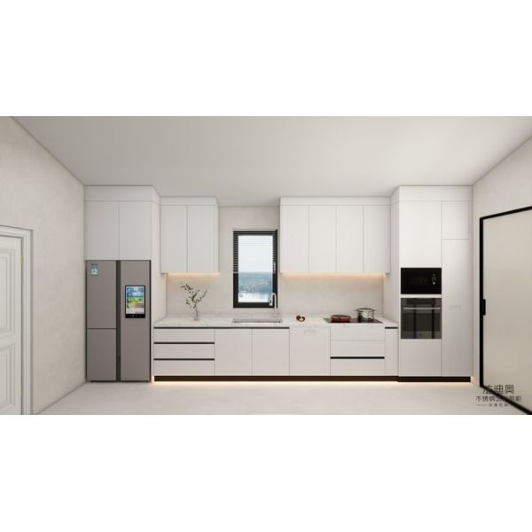 White Stainless Steel Kitchen Cabinets Modern One-Wall Design With Built-In Appliances