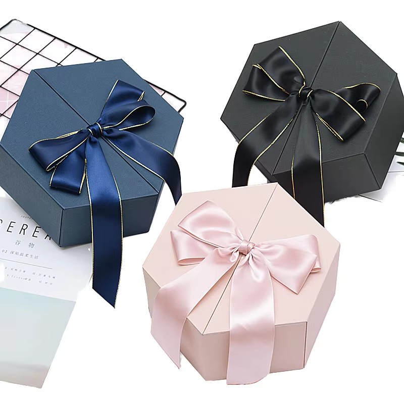 Hexagonal Shaped Art Paper Ribbon Rigid Packaging Box Style Ideal Packaging Choice For Goods