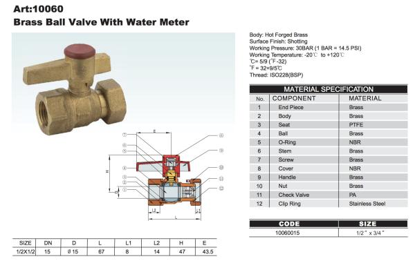 BSP or NPT Brass Ball Valve with water meter 10059 10060 10061 10062 in 30Bar