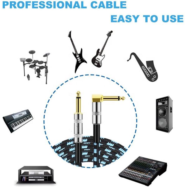 10FT Durable Blue Braided 90 Degree Angled to Straight 1/4 TS Jack Electric Instrument Guitar Patch Cable