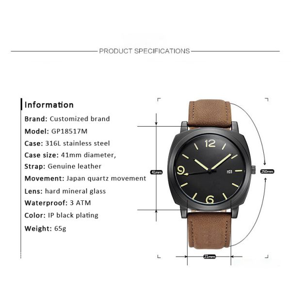 3 Atm Luxury Black 316L SS Man Quartz Watch With Leather Strap