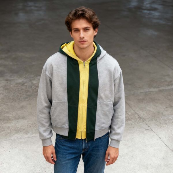 Men’s Color Block Layered Zip-Up Hoodie | Grey Green Yellow Panel Design | Oversized Streetwear