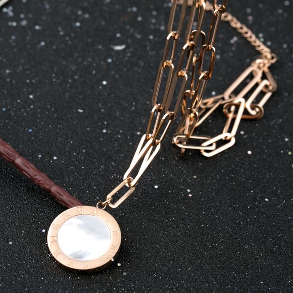 Steel Square Rose Gold Sweater Chain Necklace, Double-sided shell sweater decorative necklace