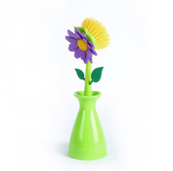 Vaso plástico da escova colorida do prato da flor com a almofada da esponja sustentável