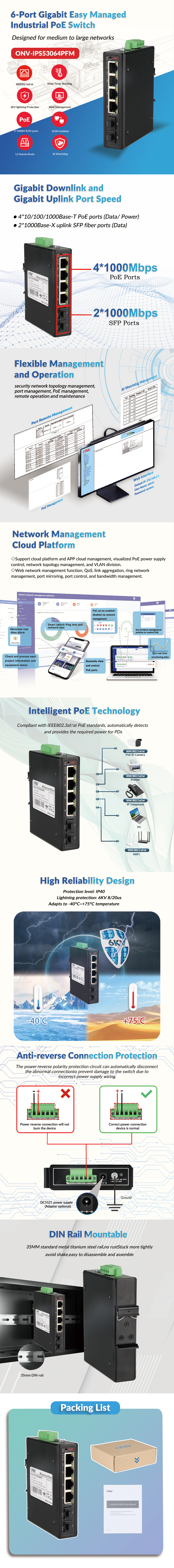 6-port Gigabit Industrial PoE Switch with 30W PoE and SFP Fiber Ports for Easy Managed Networks