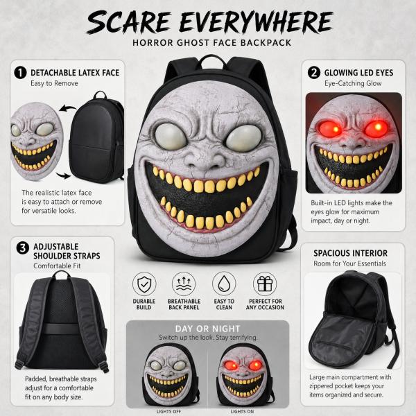 Horror Ghost Face Backpack with Detachable Latex Panel, LED Glowing Eyes, Adjustable Straps for Halloween Party Cosplay Travel