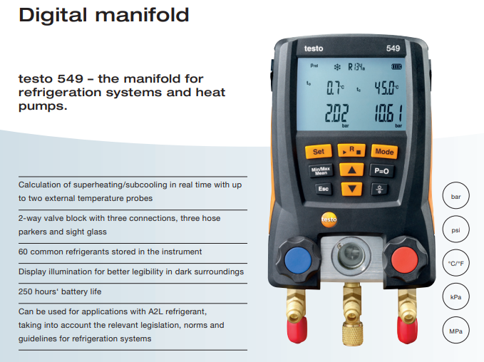 Testo 549 Цифровой 2-ходовой манометрический коллектор начального уровня Холодильный манометрический коллектор от -50 до +150 °C