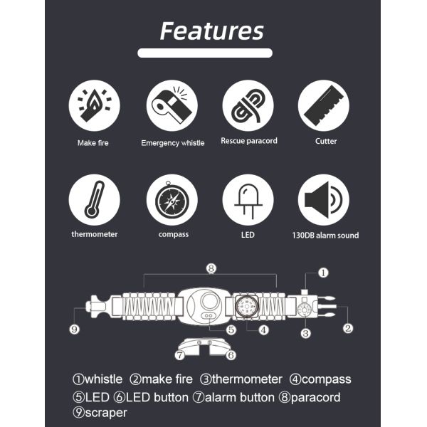 Balck Emergency Paracord Survival Watch Cool Camping Accessories Built In Battery