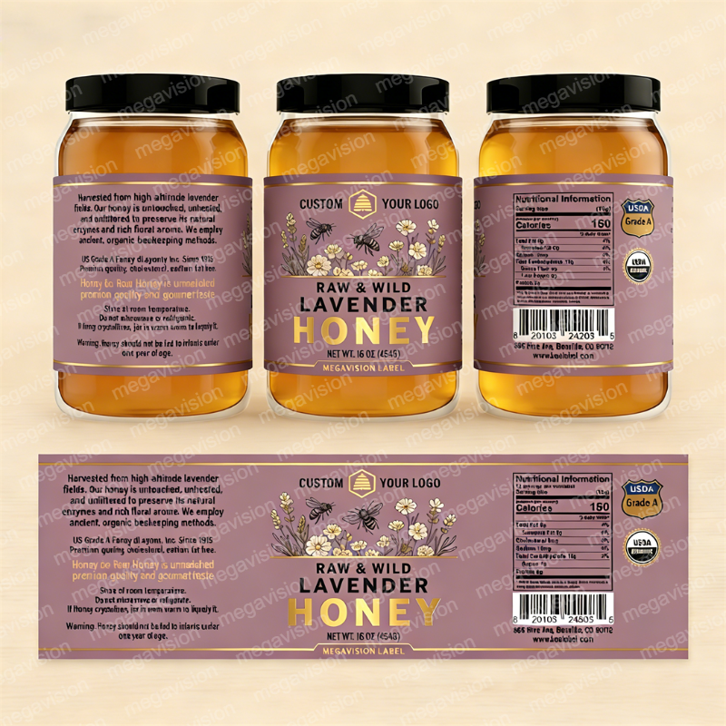 Custom Gold Hot Stamping Business logo Label Print Sticker Honey Food Jam Peanut Butter Jar Bottle Packaging Labels