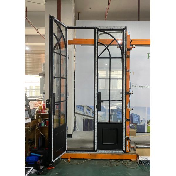 French-Style Black Aluminum-Clad Wood Double Swing Doors with Smart Biometric Lock for Outdoor Balconies