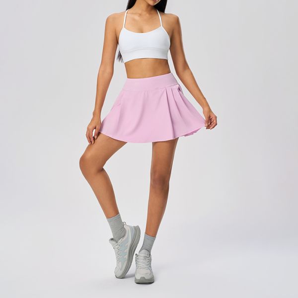 Pastel Pink Satin Pleated Mini Skirt High Waisted Flowy for Women Dance Gymnastics