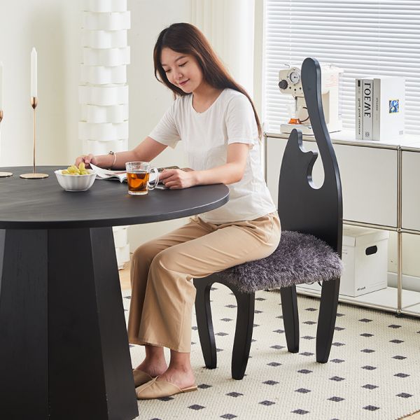 France Black Solid Wood Dining Chair Home Furniture Unique Backrest Design Retro Wool Cushion Wood Dining Chair for Dining Room