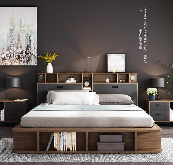Apartment Flat Wood Platform Bed , Bedroom Furniture With Storage Cabinet