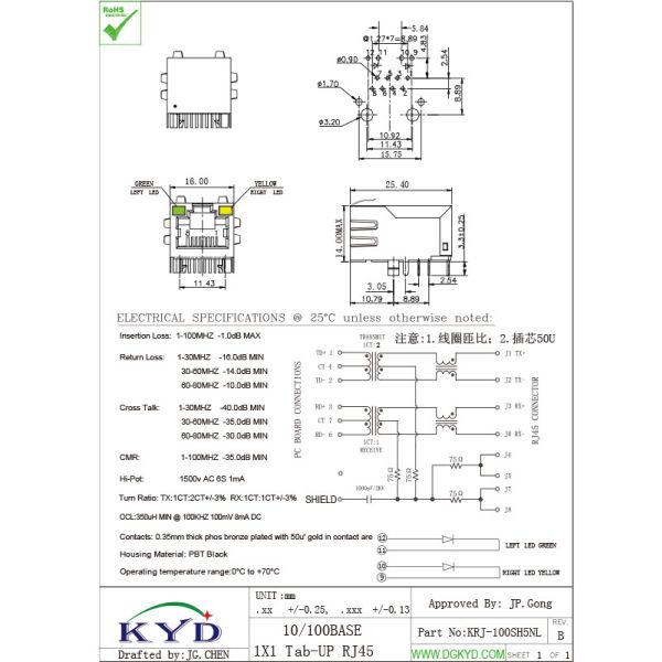 1x1 single port RJ45 Ethernet Connector 100Mb cat 5 manetic modular jack G/Y led