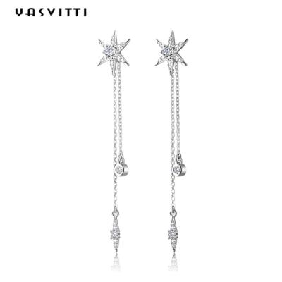 73.5mm 0.1oz Sterling Silver Jewelry Earrings S925 Silver Star Diamond Tassel Earrings