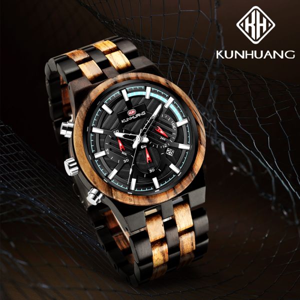 Black Sandel And Zebra Wooden Quartz Watch 6 Hands Calendar Wristwatch Man 1018-1